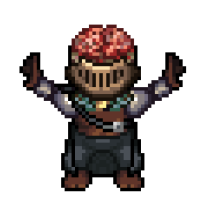 Pixel art style player avatar of a Psibot wearing a visor and its brain exposed